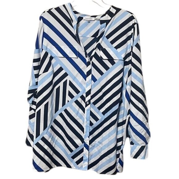 Calvin Klein Women's Woven Split V-Neck Geo Roll-Tab Sleeve Button Front Top 1X - Picture 1 of 4